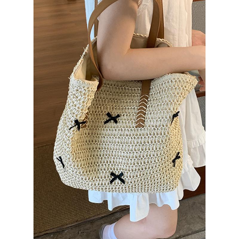 Fashionable Large-capacity Ladies' Backpack, Bow Tote Bag, Vacation-style Woven Bag