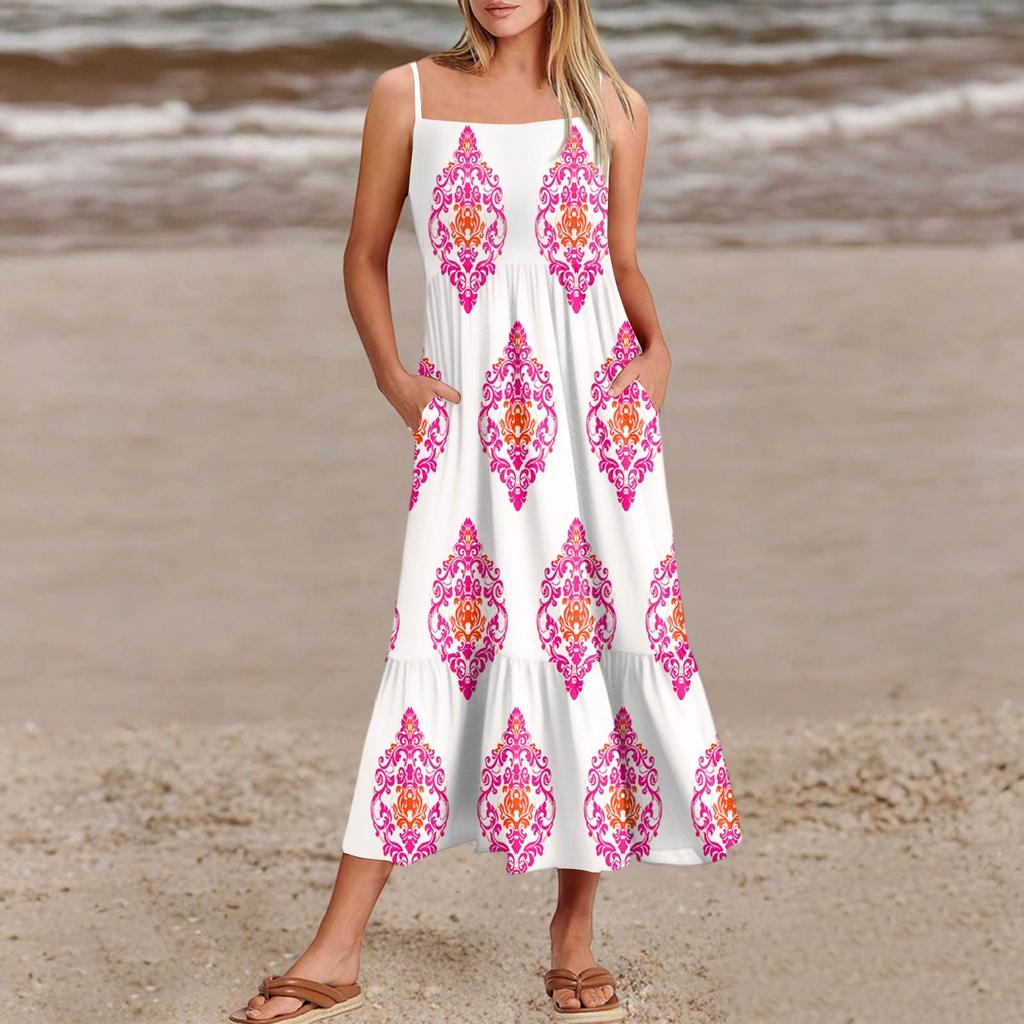 Women's Summer Spaghetti Strap Patchwork Beach Vacation Vintage Dress With Pockets