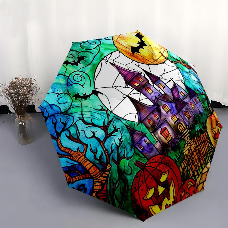 Halloween Stained Umbrella, Portable 3-Fold Compact Umbrella,Christmas Gift ES597