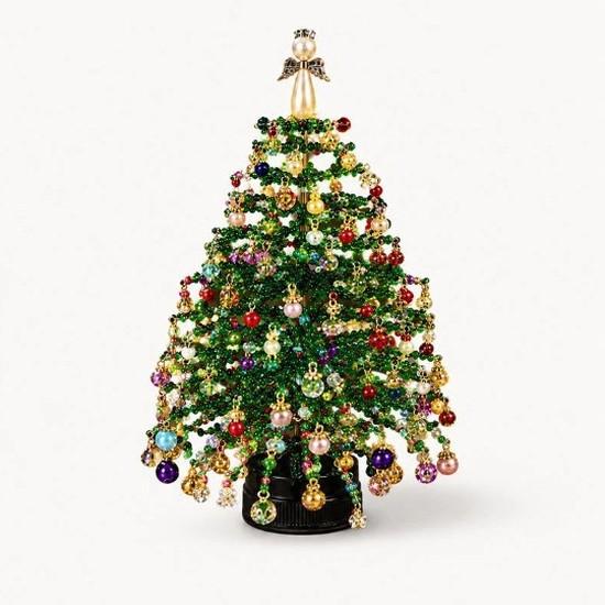 Mini Tabletop DIY Beaded Christmas Tree Craft Kit, Handmade Glass Bead Holiday Decor with Light String