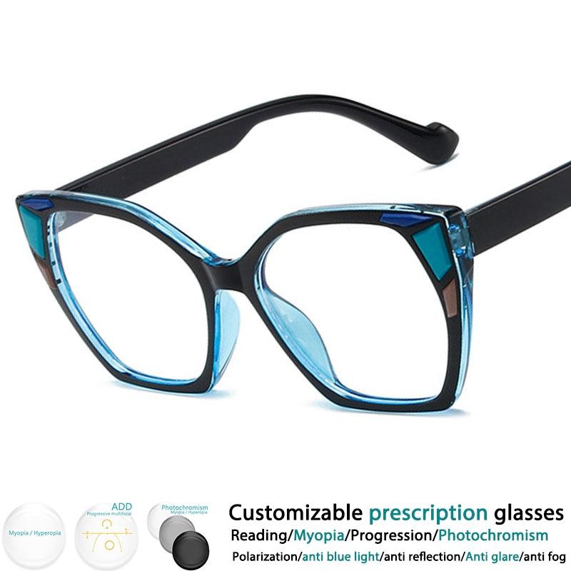 Oversized Square Reading Glasses Color-blocked Cat Eye Resin Optical Presbyopic Eyegalss Custom Diopter+50~+600 #302712