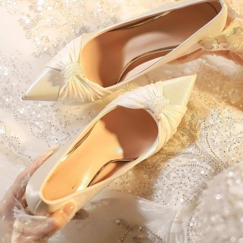 Bow Pointed Toe High Heels Wedding Shoes Women's Stiletto Slip Temperament Versatile Shoes