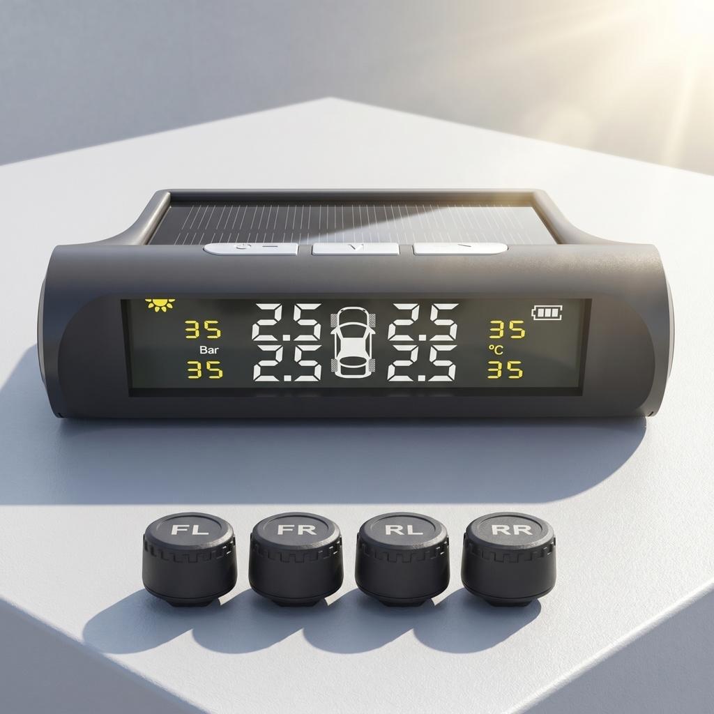 Solar Powered Tire Pressure Monitoring System with External Sensors for Real Time Display and Automatic Alerts for Four Tires