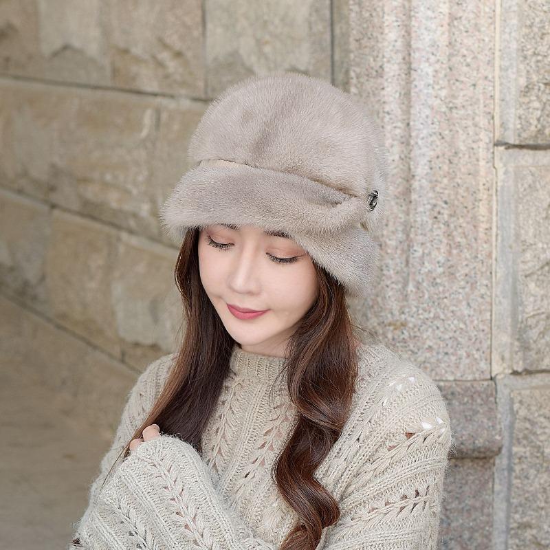 New mink fur hat, whole real mink fur, women's winter warm ear protectors, short edge sun top hat