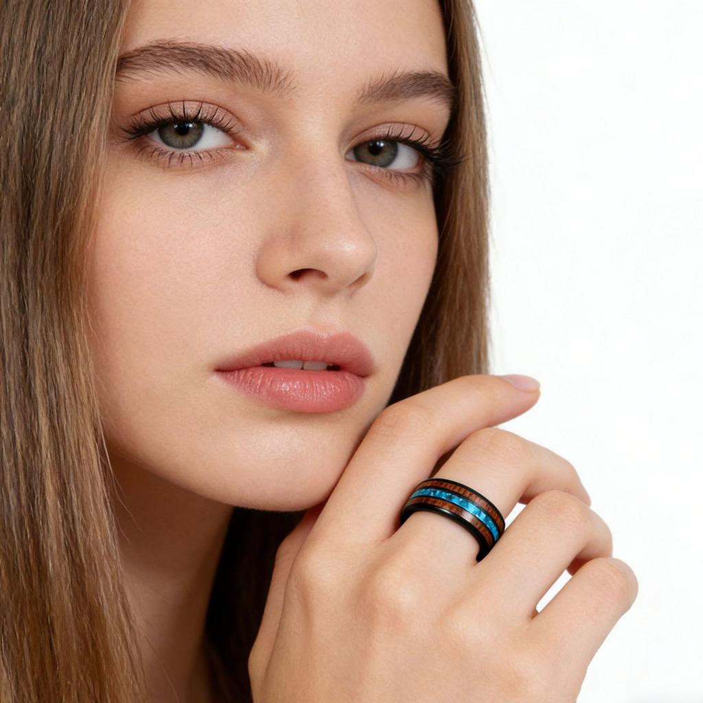 Men's Titanium Steel Ring with Acacia Wood & Abalone Shell Inlay