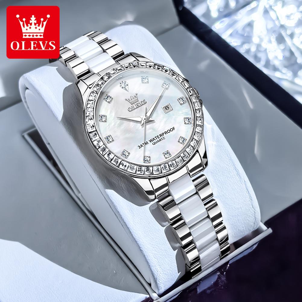 OLEVS Elegant Fashion Women's Watches Stainless Steel Ceramic Strap Original Brand Quartz Wristwatch for Lady Waterproof Date