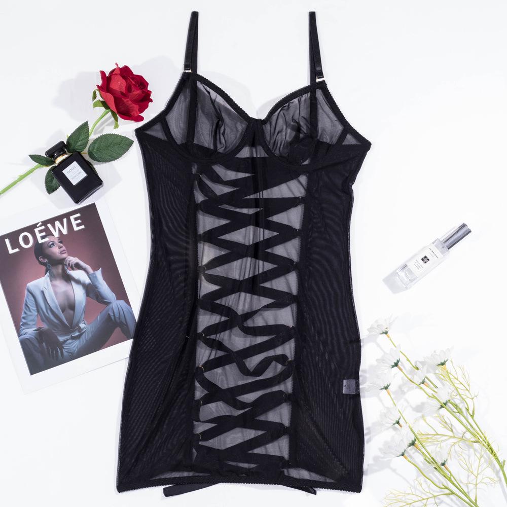 European & American Crisscross Lace-Up Backless Mesh Bodysuit 1517
