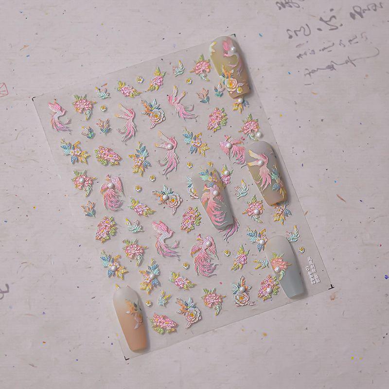 

Tomoni National Style Nail Sticker Embroider Phoenix Relief Bright Crystal Nail Sticker DIY Adhesive New Chinese Pearl [Send nail tools] Phoenix Embroider
