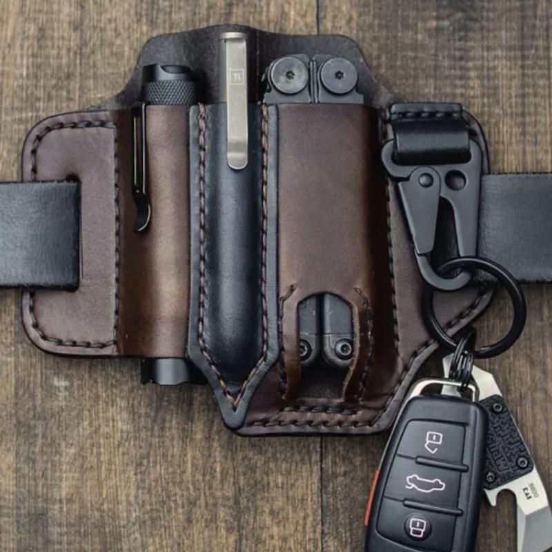 Multifunctional Outdoor Waist Bag with Flashlight & Knife Sheaths, Tool Clip, Leather Wilderness Storage Case.