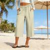 Women Drawstring Waist Loose Fit Cotton Linen Cropped Pants with Back Pocket Relaxed Fit Casual Seven Eighths Trousers for Daily Wear