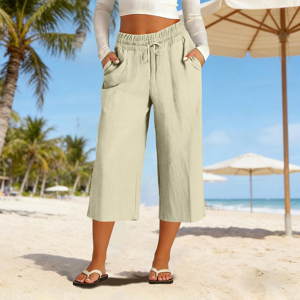 Women Drawstring Waist Loose Fit Cotton Linen Cropped Pants with Back Pocket Relaxed Fit Casual Seven Eighths Trousers for Daily Wear