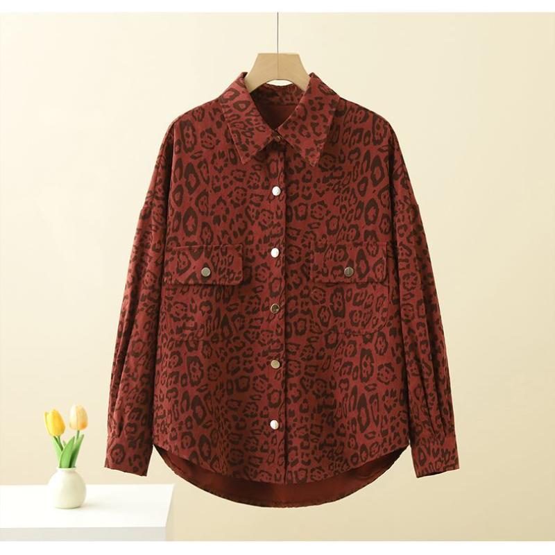 Women's New Spliced POLO Collar Buttons Fashionable Versatile Slim Leopard Print Long Sleeve Shirt
