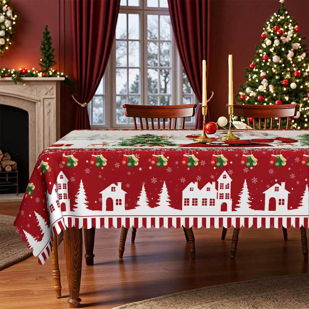 Winter Christmas Tablecloth Santa + Snow Town Red Base Color Printed Dining Table Cloth, Polyester Fabric