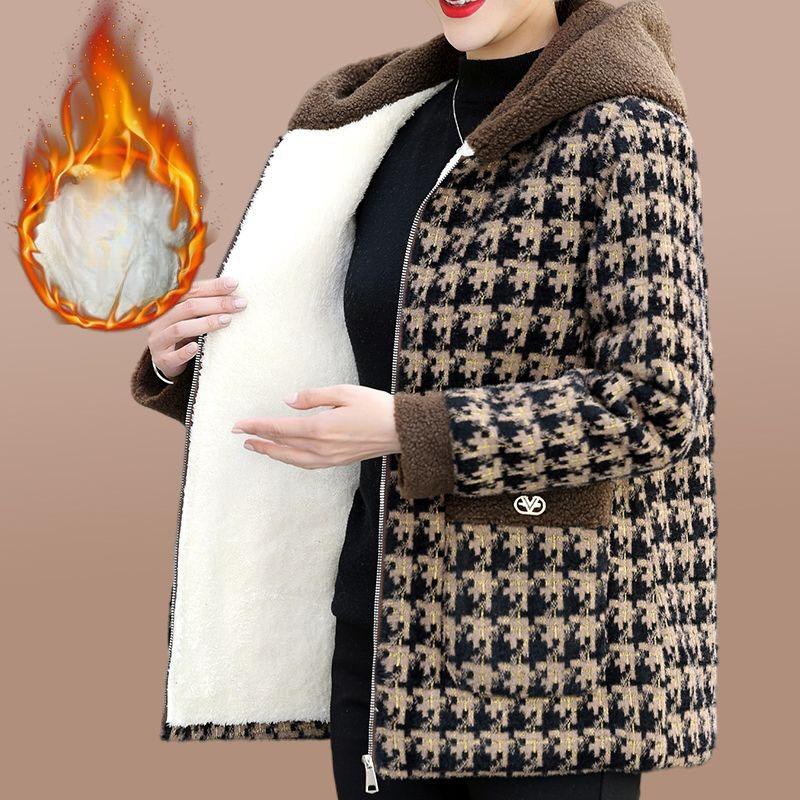 

Женская зимняя куртка из овечьей шерсти с плюшевой подкладкой, повседневная куртка-джокер с капюшоном, короткая хлопковая стеганая куртка в клетку, топ 5XL