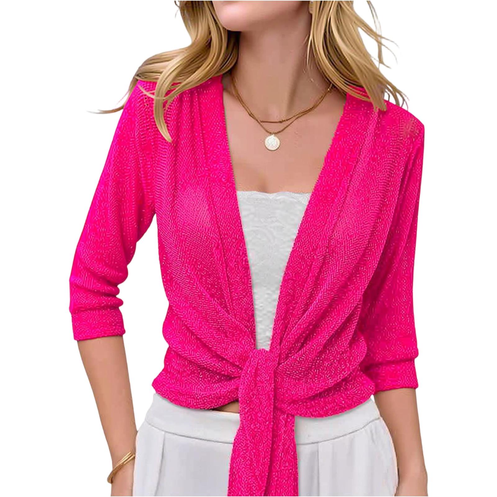 Master key Dames Sheer Mesh Open Voorkant Strik Taille Cropped Vest Driekwart Mouw Lichtgewicht Gebreide Top XL
