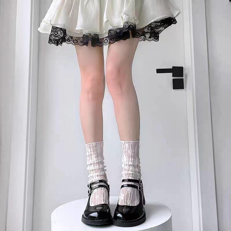 JK Women's Sweet Pile Socks Lace Flower Mesh Socks Female Small Fresh Mid-tube Socks Summer Thin Breathable Japanese Style