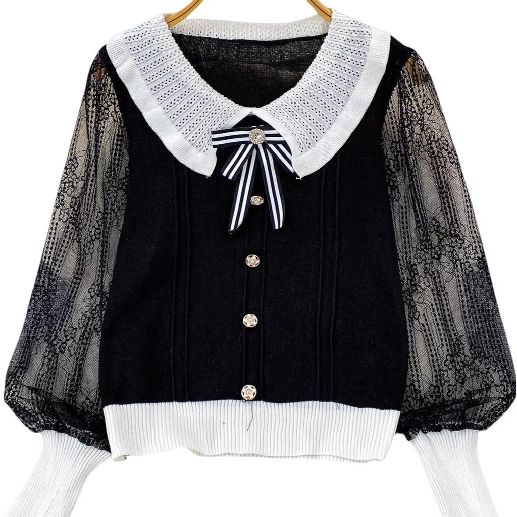 A Gentle and Youthful Style of A Socialite with A Bow and A Baby Collar Knitted Sweater for Women's Autumn and Winter, Featuring A Patchwork Lace Top