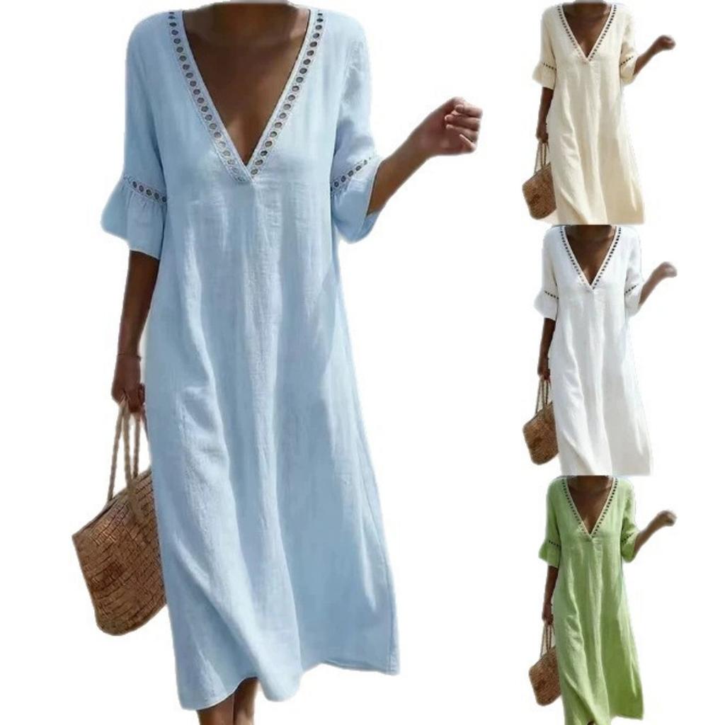 Spring Summer Women's Casual Loose Solid Color Cotton Lace V-neck Dress Leisure Trade