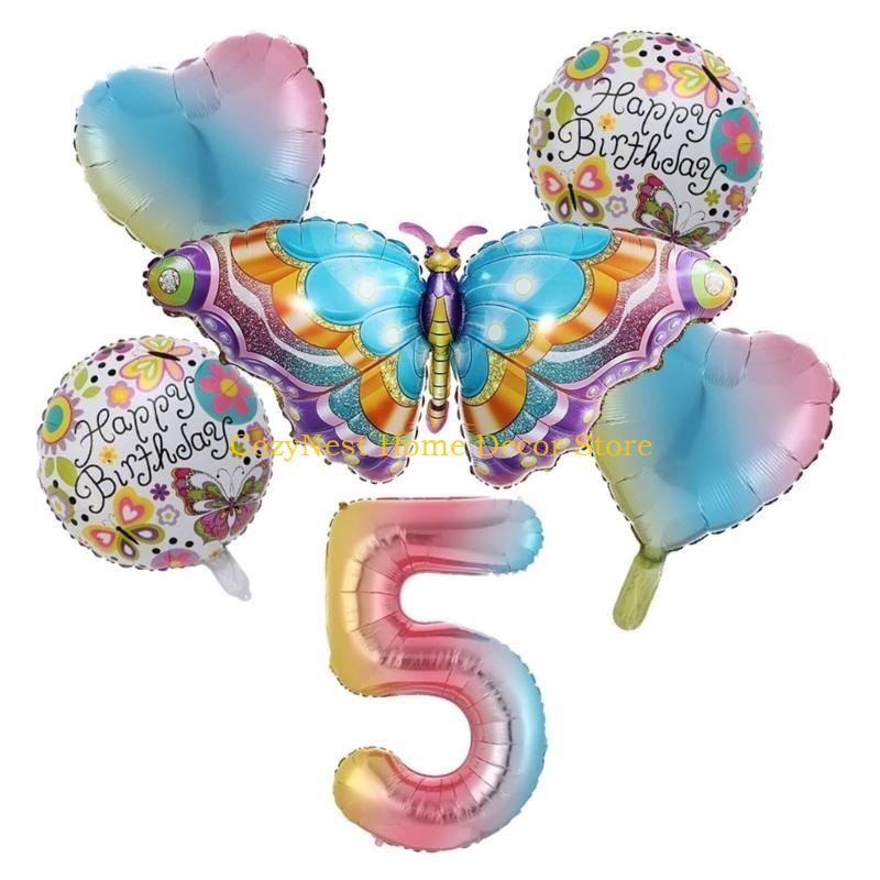 92MF Colorful Butterfly Balloon Set of 6 Aluminum Foil Number Balloon Happy-Birthday Decorations Baby Shower Party Supplies