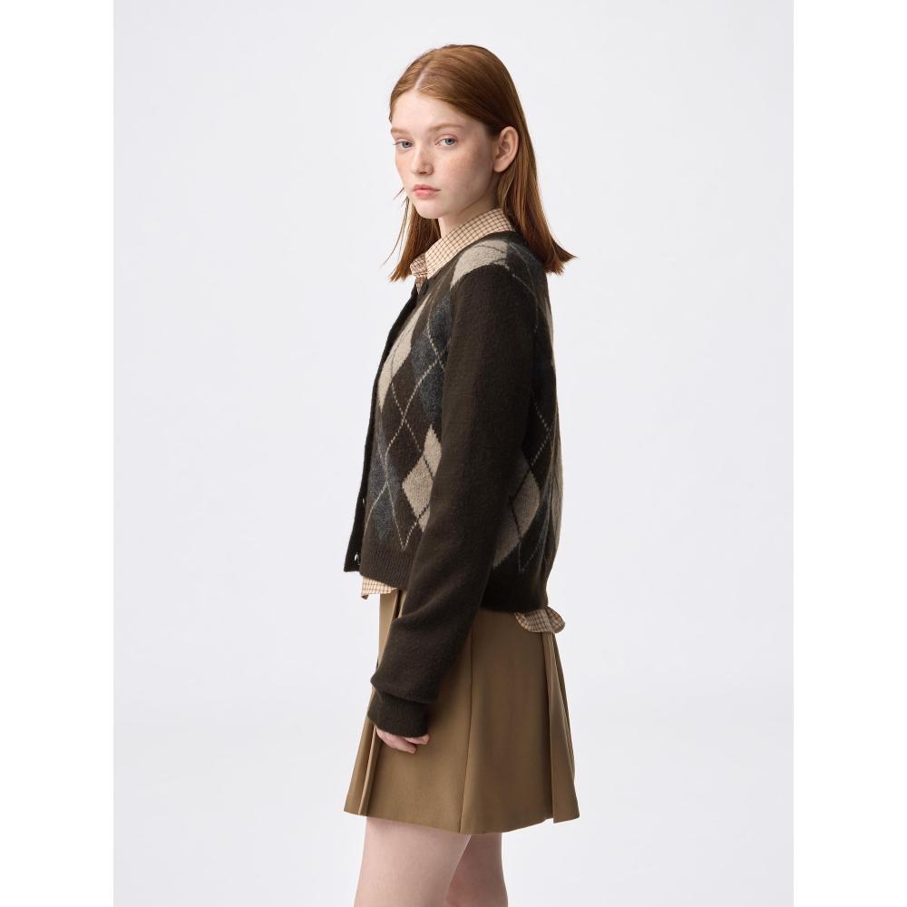 Uniqlo Gu Puff Knit Argyle Crew Neck Short Cardigan