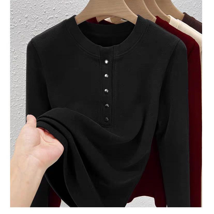Women's 270g Slimming Long-Sleeve Fleece T-Shirt, Spring/Autumn 2025 Style, Button-Up Round Neck