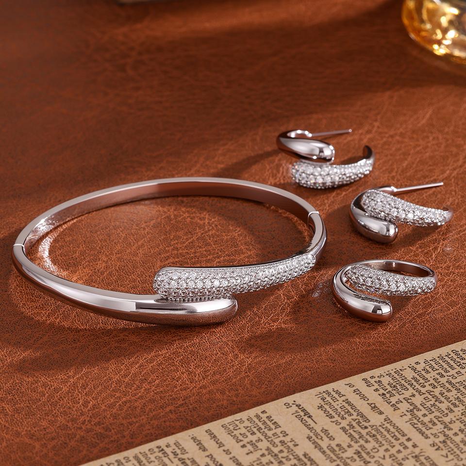 ZAKOL 3Pcs/Set Micro-inlaid Zircon Water Drop Open Bracelet Ring Earrings Set for Women Luxury Wedding Party Zircon Sets