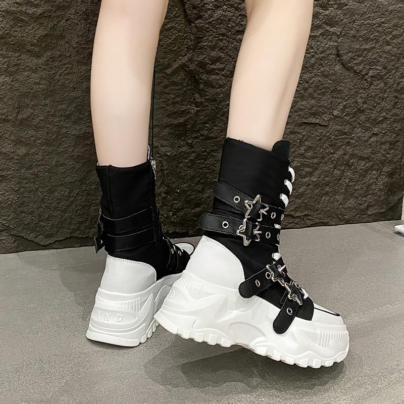 Fashion 8CM Women Chunky Mid-Calf Boots New Autumn Canvas High Platform Round Toe Buckle Ladies Shoes Motorcycle Boots Winter Sneakers