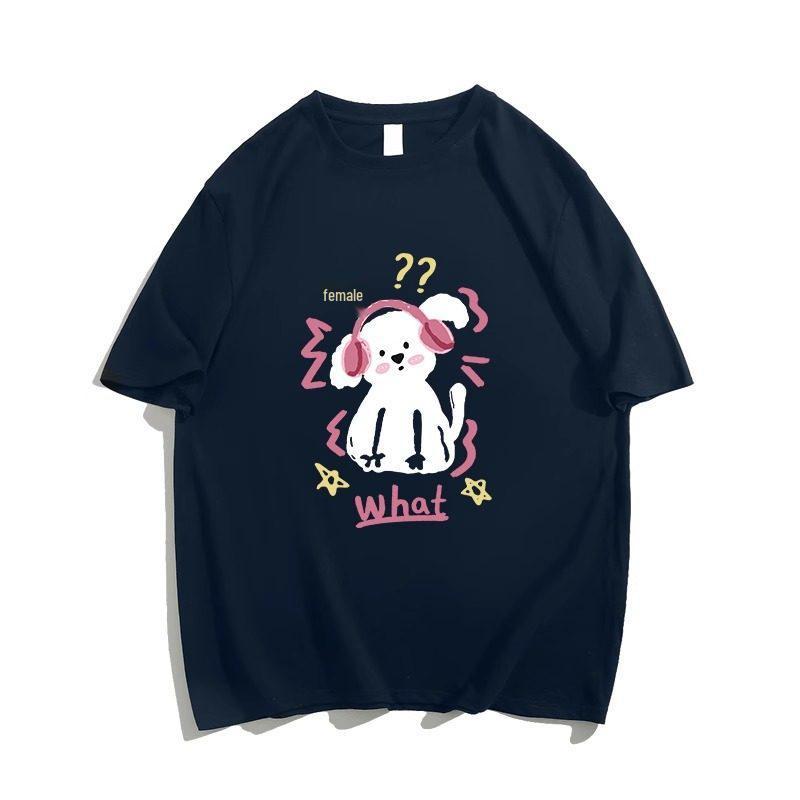 

Women s Plus Size Retro Cartoon Cotton T-Shirt - Summer Short Sleeve Loose Fit L (101-115 lbs) темно-синий