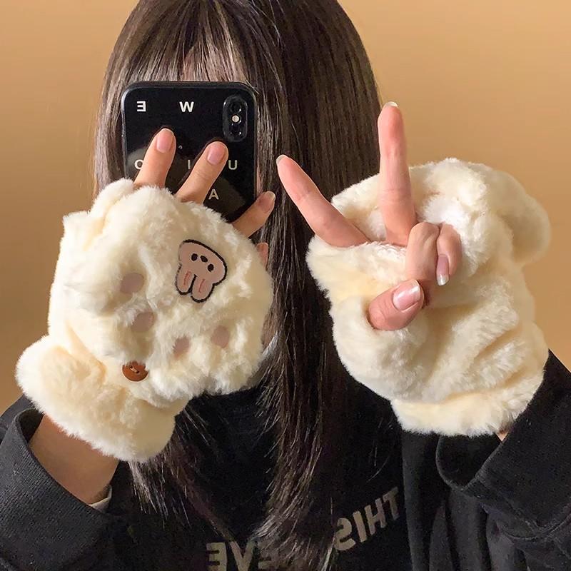 Cute flip bunny plush finger neck gloves female warm and velvet student cold proof