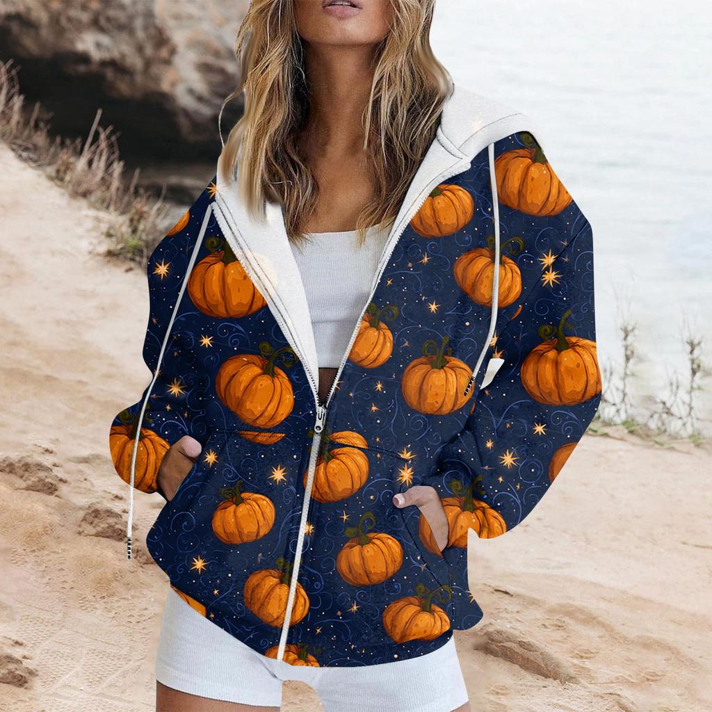 Women's Fashion Casual Halloween Printed Sweatshirt Long Sleeve With Pocket Cardigan Jacket Zipper Hoodie Coat