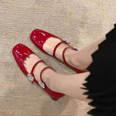 2025 Frühling neue Mary Jane Schuhe Damen Kopf hohe Absätze kleine Lederschuhe Lackleder dicker Absatz Strass einzelne Schuhe