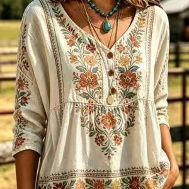 Women S V Neck Printed Loose 3 4 Sleeve Casual Top