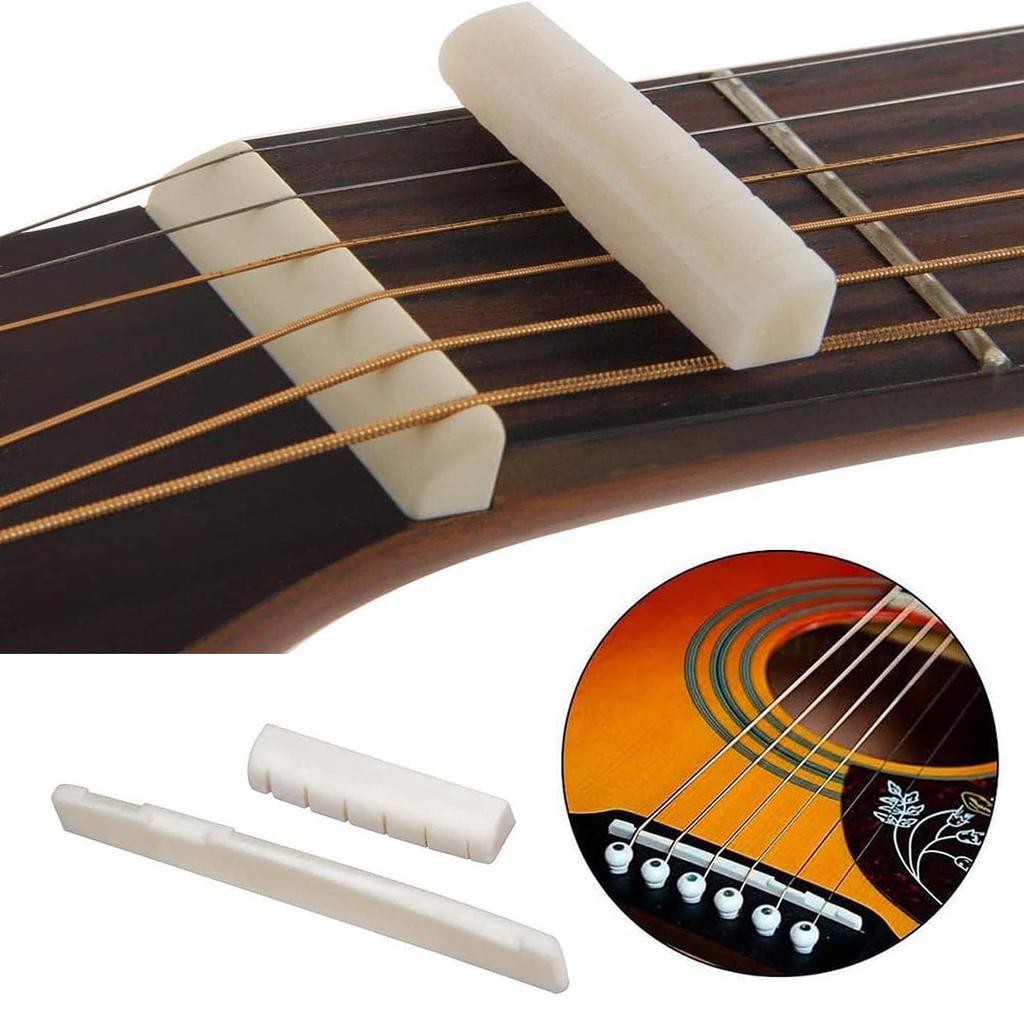 HUIKKJP Części zamienne do mostka i siodełka gitary akustycznej, wykonane z prawdziwej kości, 2 zestawy po 4 sztuki