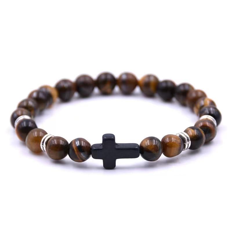 European-American Agate, Tiger Eye, and Volcanic Stone Bracelet with Turquoise Frosted Beads