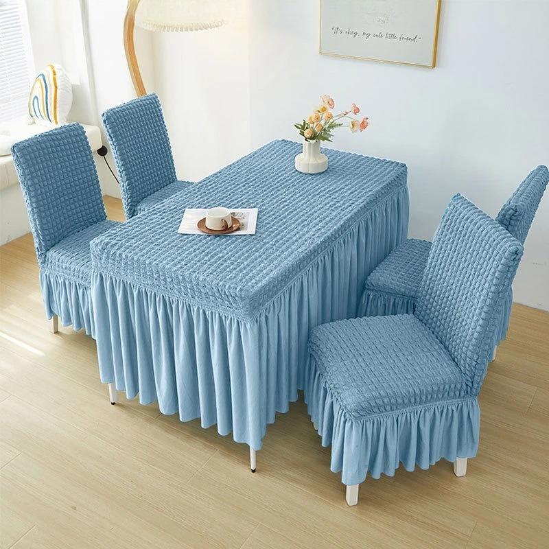 French Style Seersucker Table Cloth with Skirt Stretch Rectangular Anti-Dust Dining Table Cover Removable Washable Home Decor