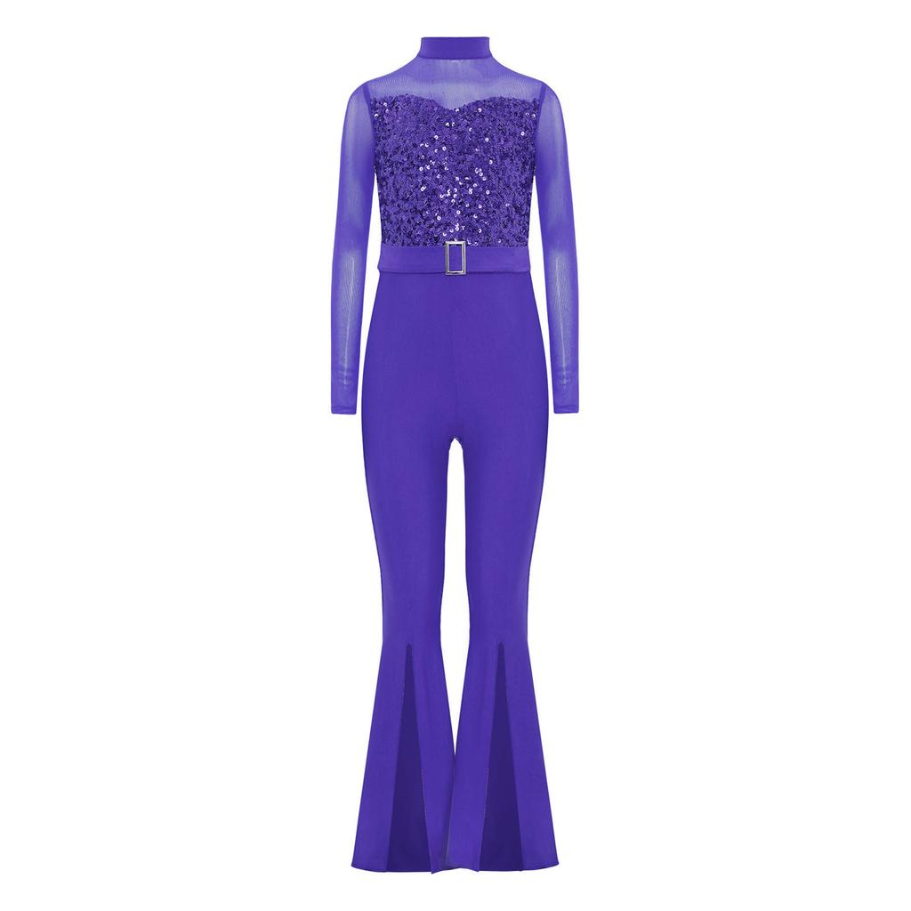 Girls Jazz Dance Costume Mock Neck Long Sleeve Cutout Back Sheer Mesh Sequins Bell Bottom Jumpsuit