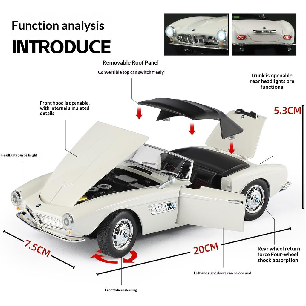1/24 BMW 507 Legierungsauto-Modell Simulation Sound und Licht Metall-Druckgusskarosserie Sammlerstücke Kinderspielzeug Geschenke Feiertagsdekorationen