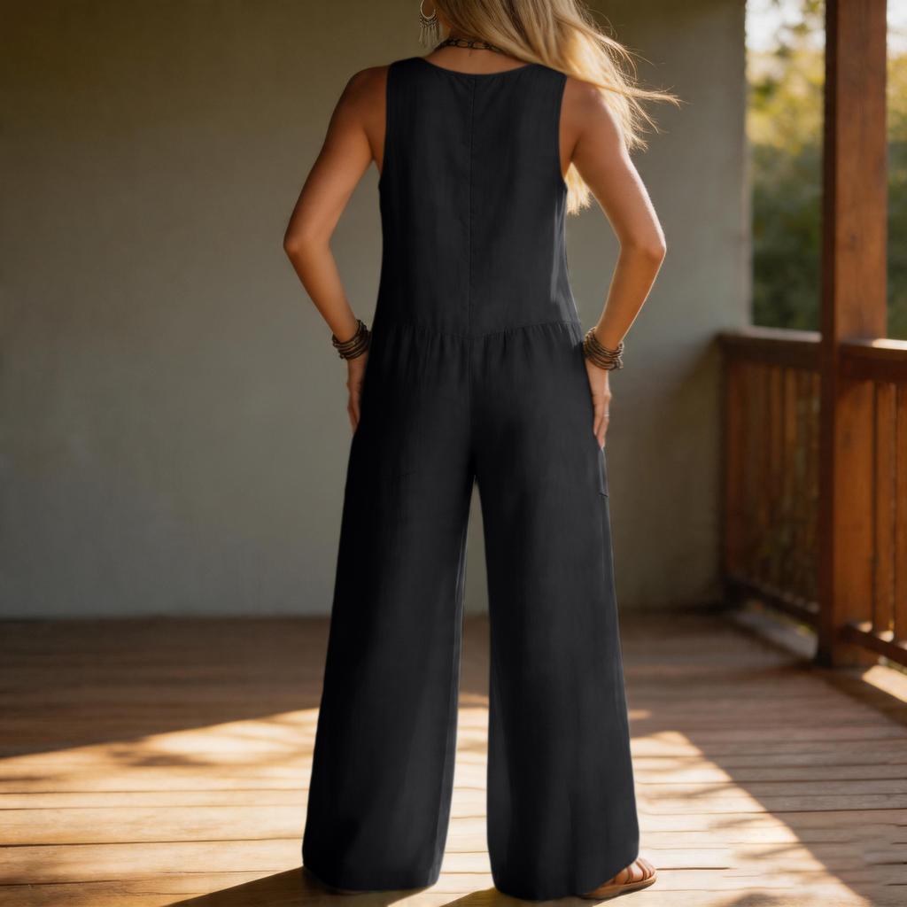 Sleeveless Wide Leg Jumpsuit for Women with Button Down Front and Side Pocket Loose Fit Casual Overalls Romper