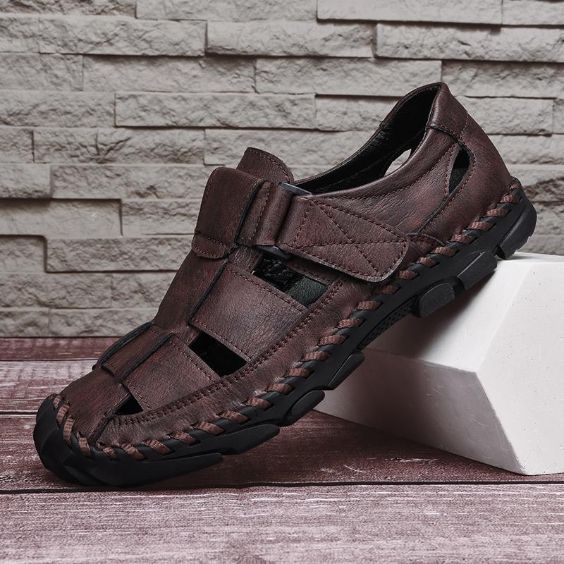 Fashion Breathable Man Summer Flats Fashion Wrap Toes Hollow Out Sandals Casual Leather Sandals for Men Outdoor Soft Loafers Beach Flats