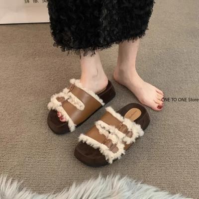 Fashion Fashion Fluffy Women Plush Fur House Slippers Sandals Non-Slip Indoor Boots Female For Home Use Luxury Thick Flats Outdoor Shoes
