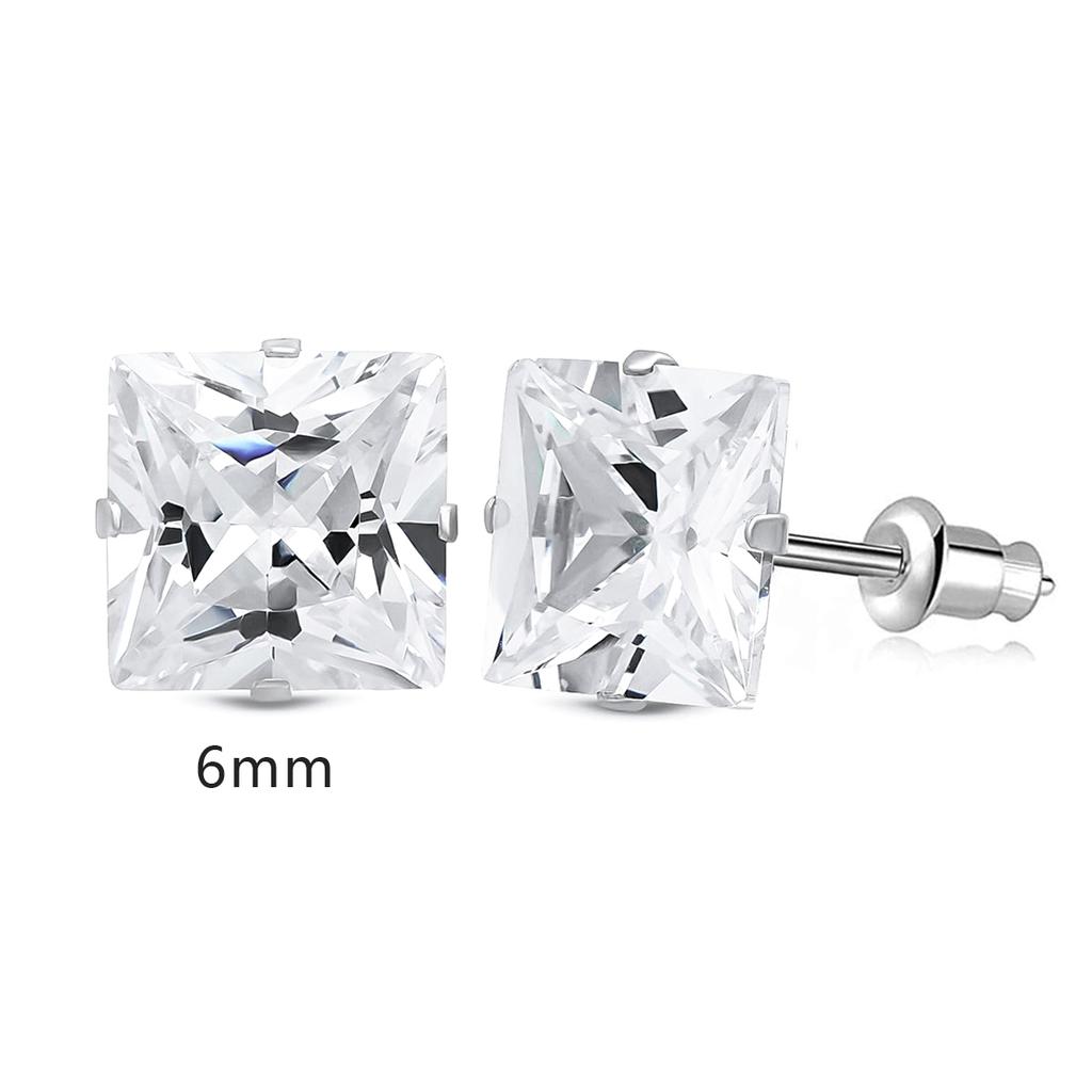 2 Stylish Stainless Steel 4 Claw Square Cubic Zirconia Stud Earrings For Men And Women 4/5/6/7mm Zircon Stud Earrings