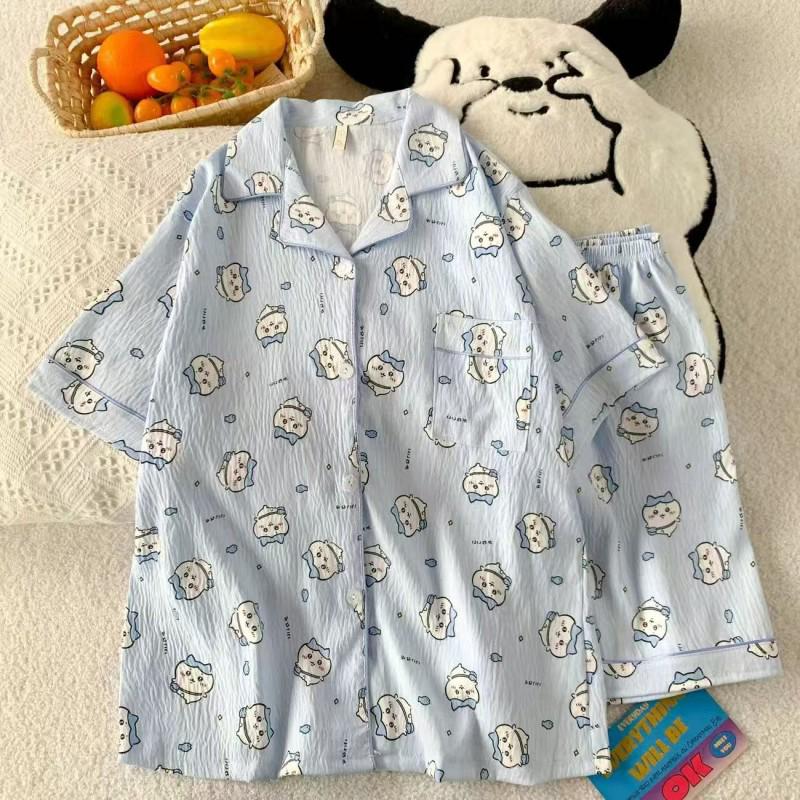 Women's Summer Cloud Cotton Pajama Set: Sweet Cute Cardigan with Short-Sleeved Top and Shorts.