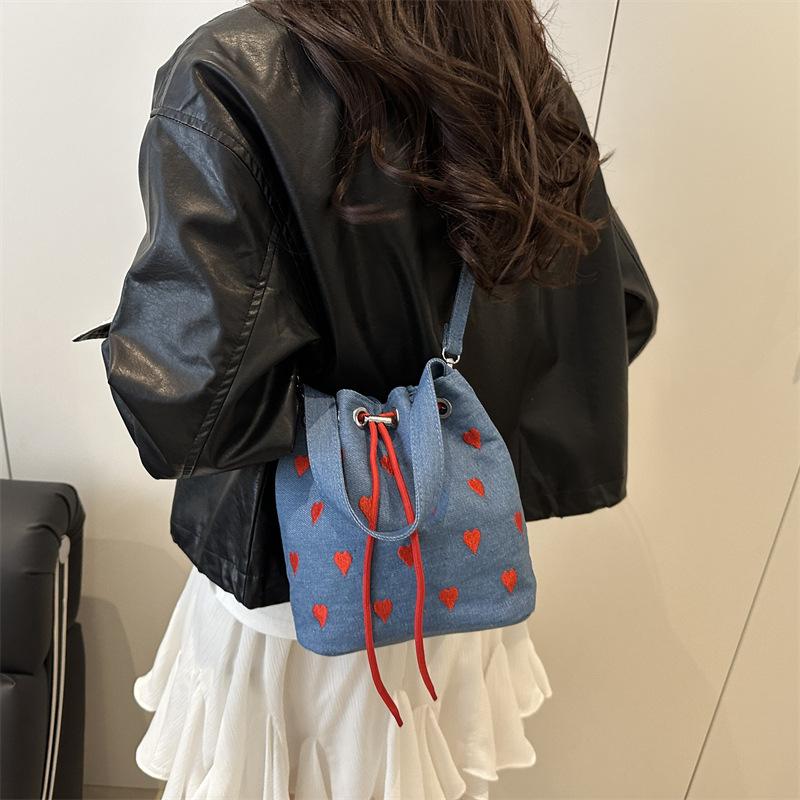 Fashion Versatile Drawstring Bucket Bag Denim Bag Women's Crossbody Bag Casual Small Bag Simple Handbag Shoulder Bag