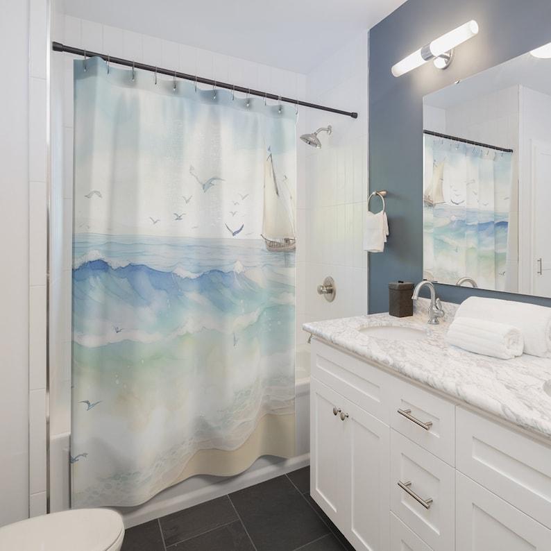 

Serene Beach Scene With Sailboat Shower Curtain Fabric Bath Curtain 71 X 74 Ocean Shower Curtain W60H190(CM)-1 Pcs