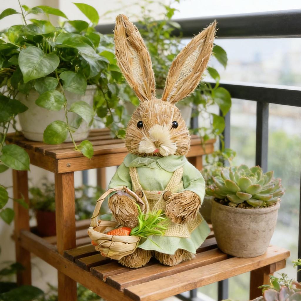 Easter Bunny Decoration, 35cm straw bunny figurine, Easter rabbit desktop ornament, handmade cute decorative bunny