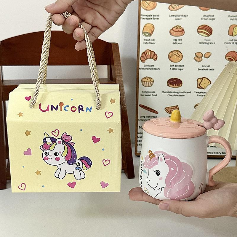 Cute Rainbow Unicorn Ceramic Mug with Lid Spoon Girl Heart Drink Water Cup Office Coffee Cup Gift