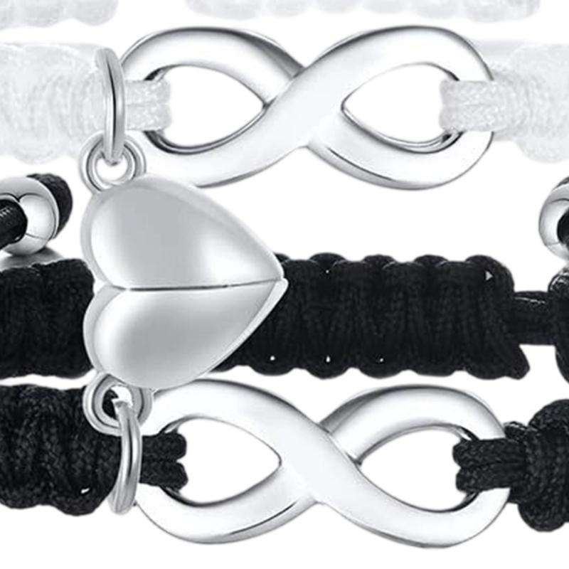 Braided Cord Bracelet Pair with a Split Heart Design, Adjustable Sliding Closures, and Smooth Stainless Steel Details
