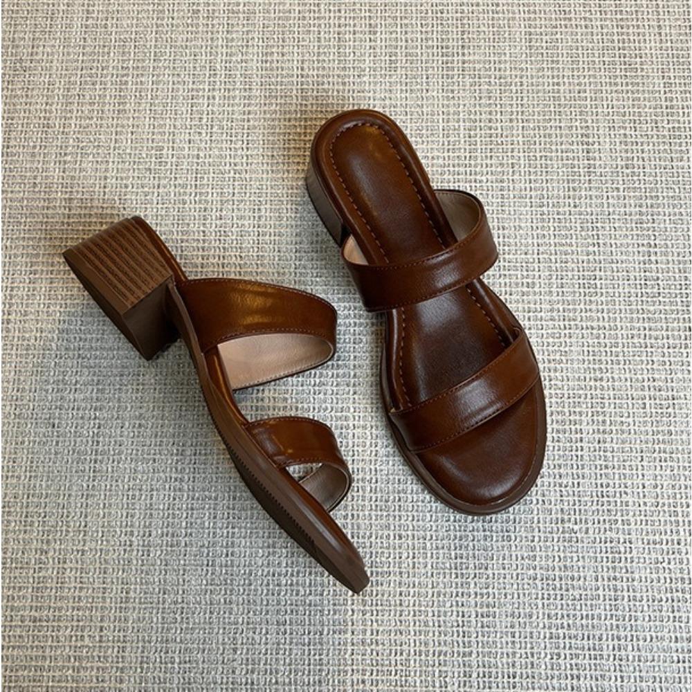 Retro One-word Slippers for Women's 2025 Summer New Mid-heel Outer Sandals Open-toed Thick-heeled Slippers Beach Shoes Women