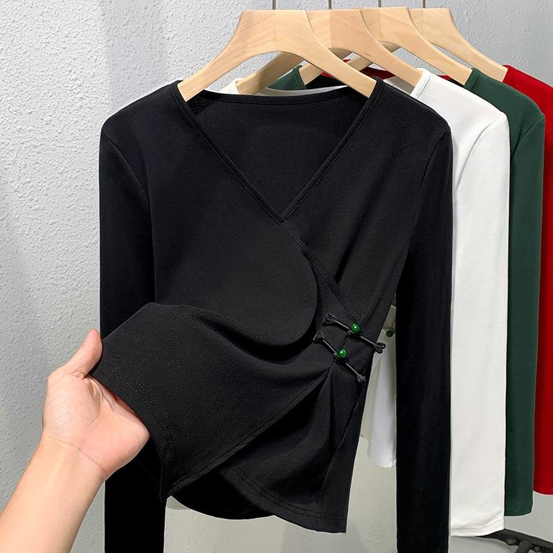 Solid Color Long-sleeved V-neck Cotton Shirt Women's New Autumn Thin Inner Bottoming Shirt Irregular Design Top