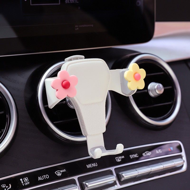Mobile Phone Car Mount with Air Vent Clip, Gravity Sensing, Anti-Shake, Cute Cartoon Design, Car Navigation Fixed Support Yellow and Pink Flower Mobile Phone Holder White
